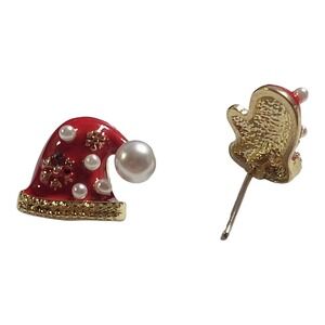 Gold Tone Red and White Faux Pearl Holiday Christmas Stud Earrings